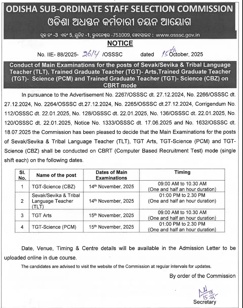 OSSSC Sevak Sevika Mains Exam Date 2025 Out for 2629 Vacancies_3.1
