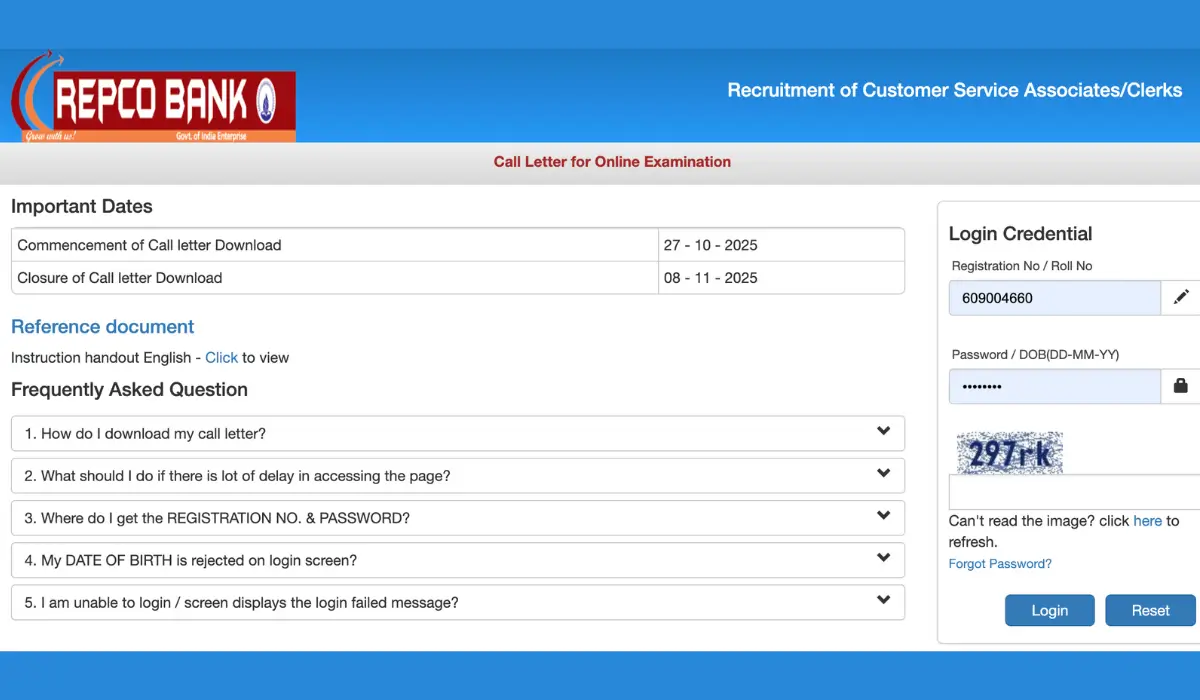 REPCO Bank Clerk Admit Card 2025