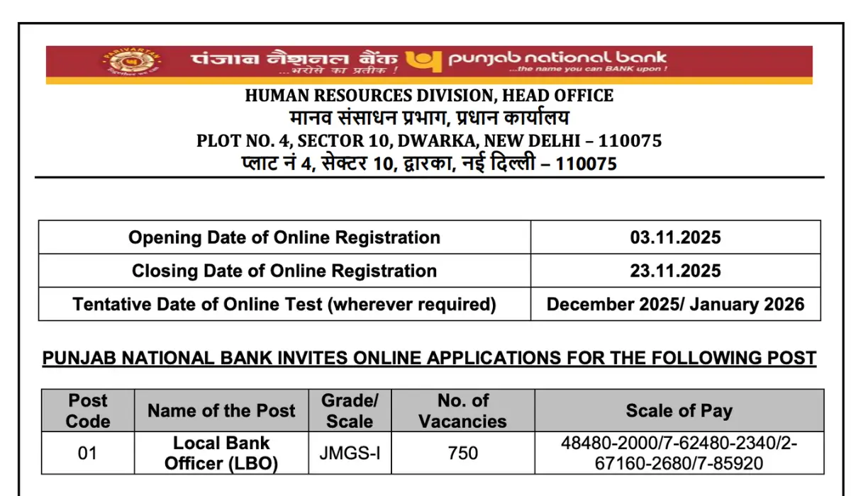 Punjab National Bank LBO Recruitment 2025, Apply Online for 750 Vacancies