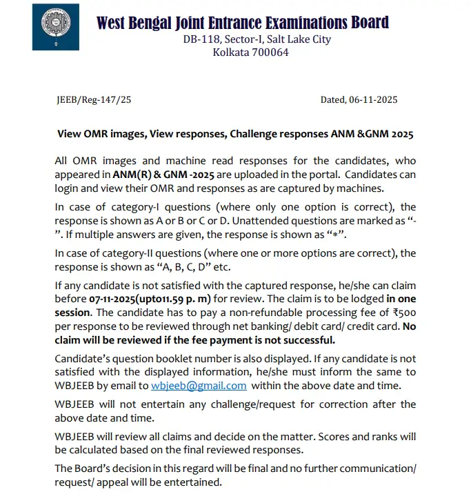 WB ANM GNM Response Sheet 2025 Out, Answer Key Link_3.1