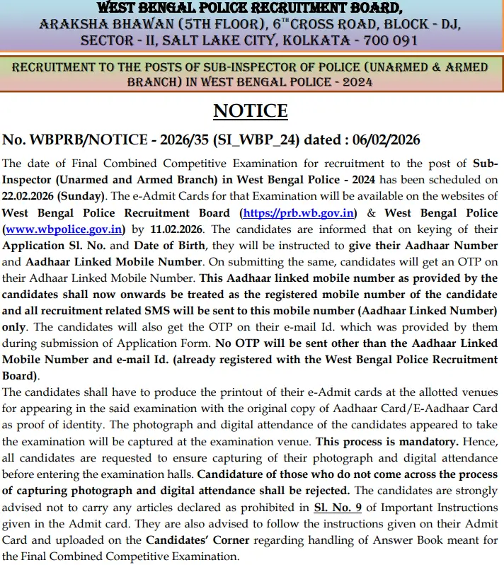 WBP SI Admit Card 2026 Out for Final Written Exam, Hall Ticket Download Link_3.1