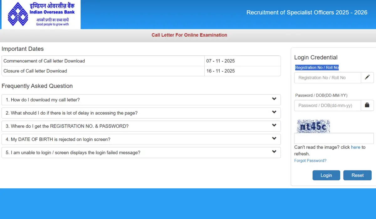 Indian Overseas Bank SO Admit Card 2025