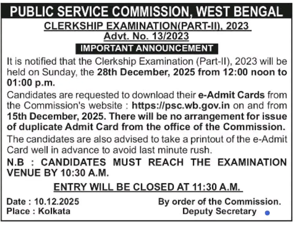 WBPSC Clerkship Mains Admit Card 2025, Hall Ticket Link_3.1