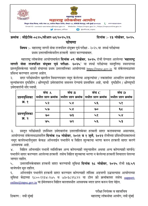 MPSC Prelims Answer Key 2025 Out, Maharashtra Rajyaseva Exam Answers PDF_3.1