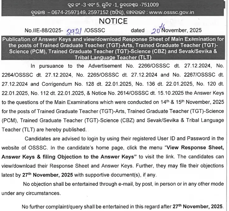 OSSSC Sevak Sevika Mains Answer Key 2025 Out, Download Response Sheet PDF_3.1