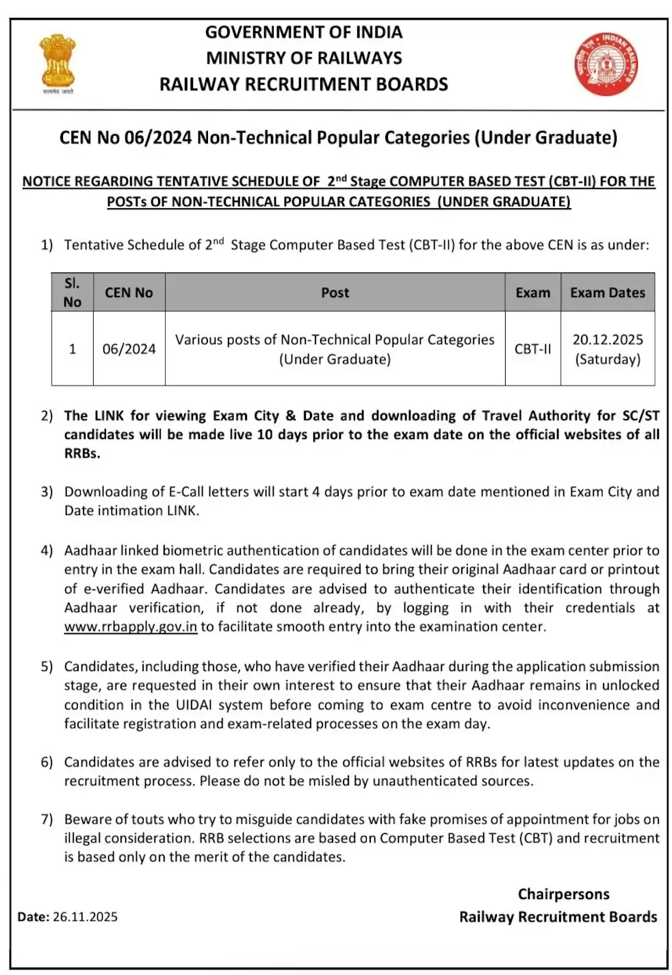RRB NTPC UG CBT 2 Exam Date 2025 Out, Undergraduate CEN 06/2024 Exam Schedule_3.1