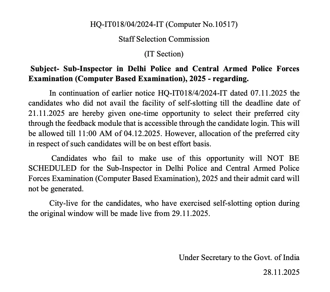 SSC CPO Exam Slot Booking 2025 Reopened, Select Your Exam City, Date & Shift_3.1