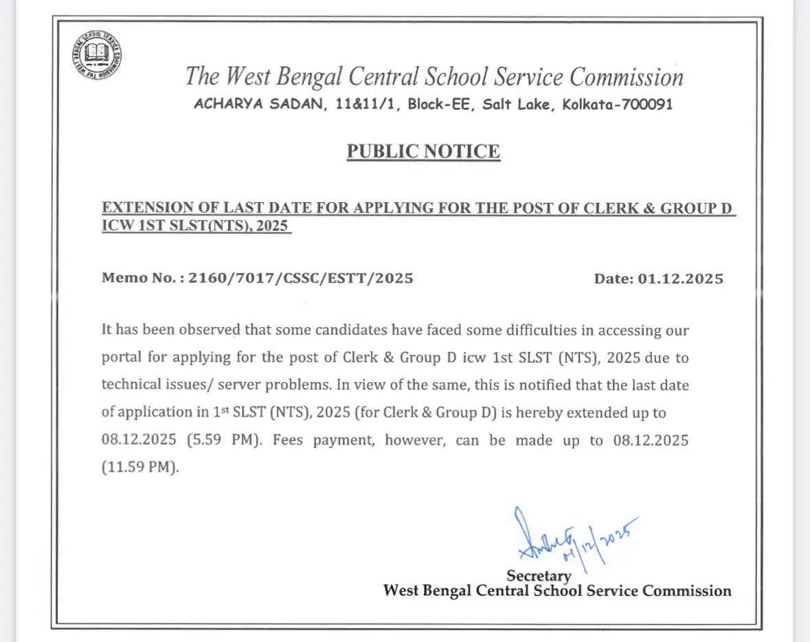 WBSSC Group C and D Recruitment 2025 Online Form (8478 Posts), Last Date Extended_3.1