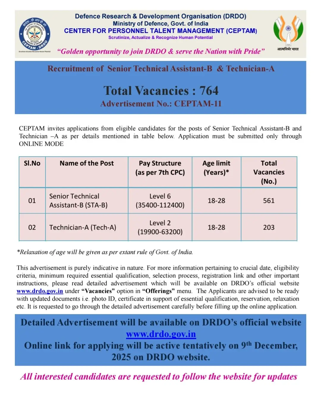 DRDO CEPTAM 11 Recruitment 2025 Notification Out (Official) for 764 STA-B & Technician A Posts_4.1