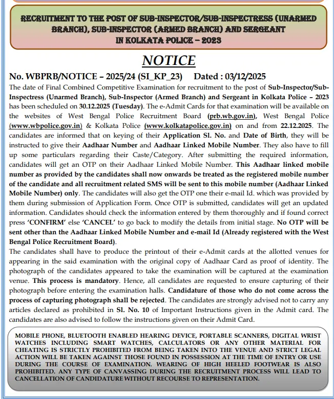 Kolkata Police SI Admit Card 2025 for Final Written Exam, Hall Ticket Link_3.1