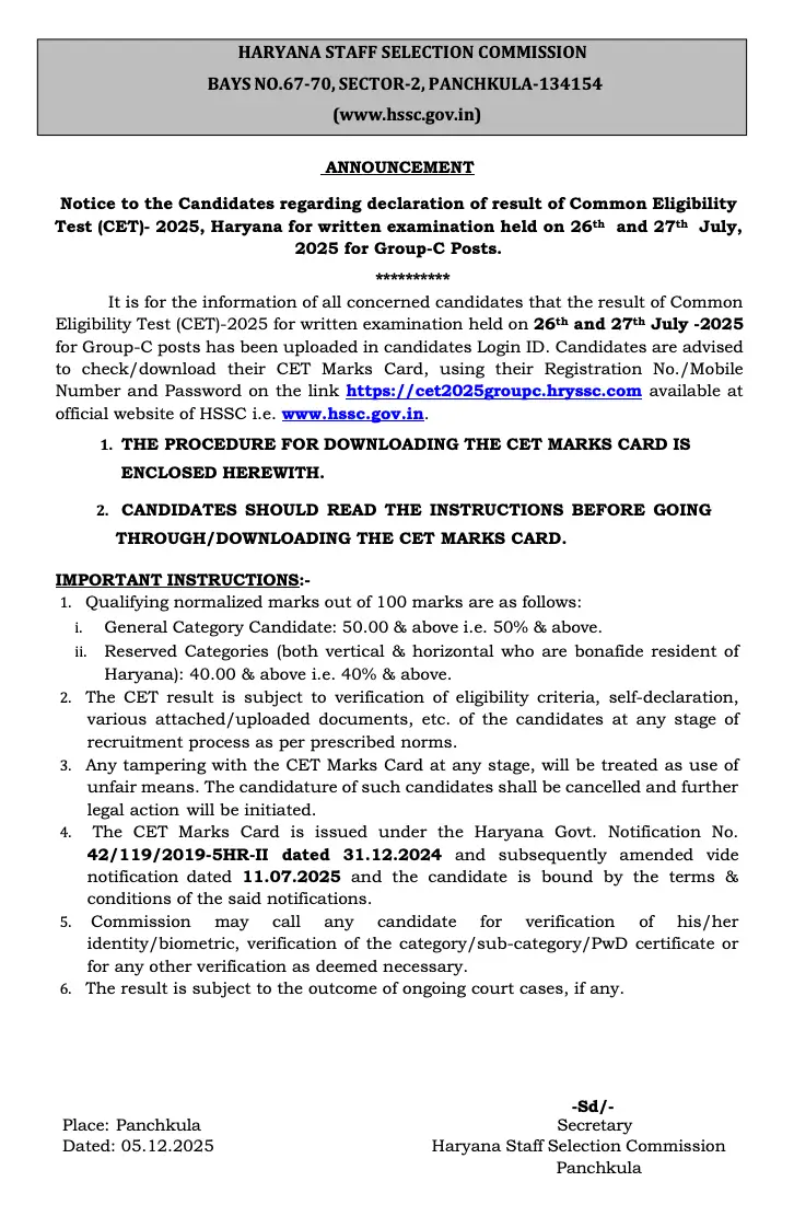 HSSC CET Result 2025 Out, Haryana CET Group C Result & Scorecard Link_3.1