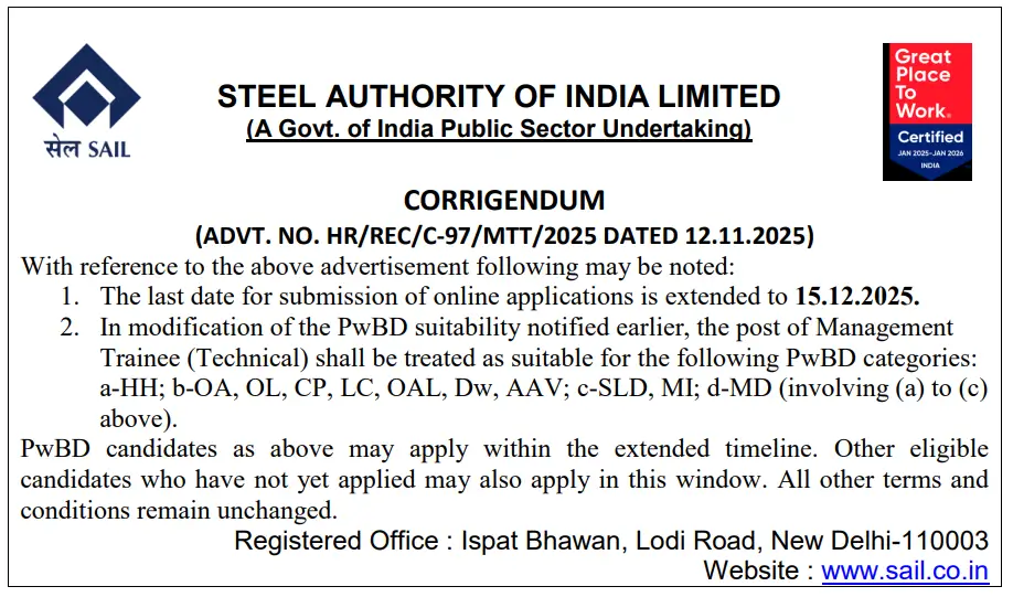 SAIL Recruitment 2025 (124 MT Posts), Last Date to Apply 15 Dec_3.1