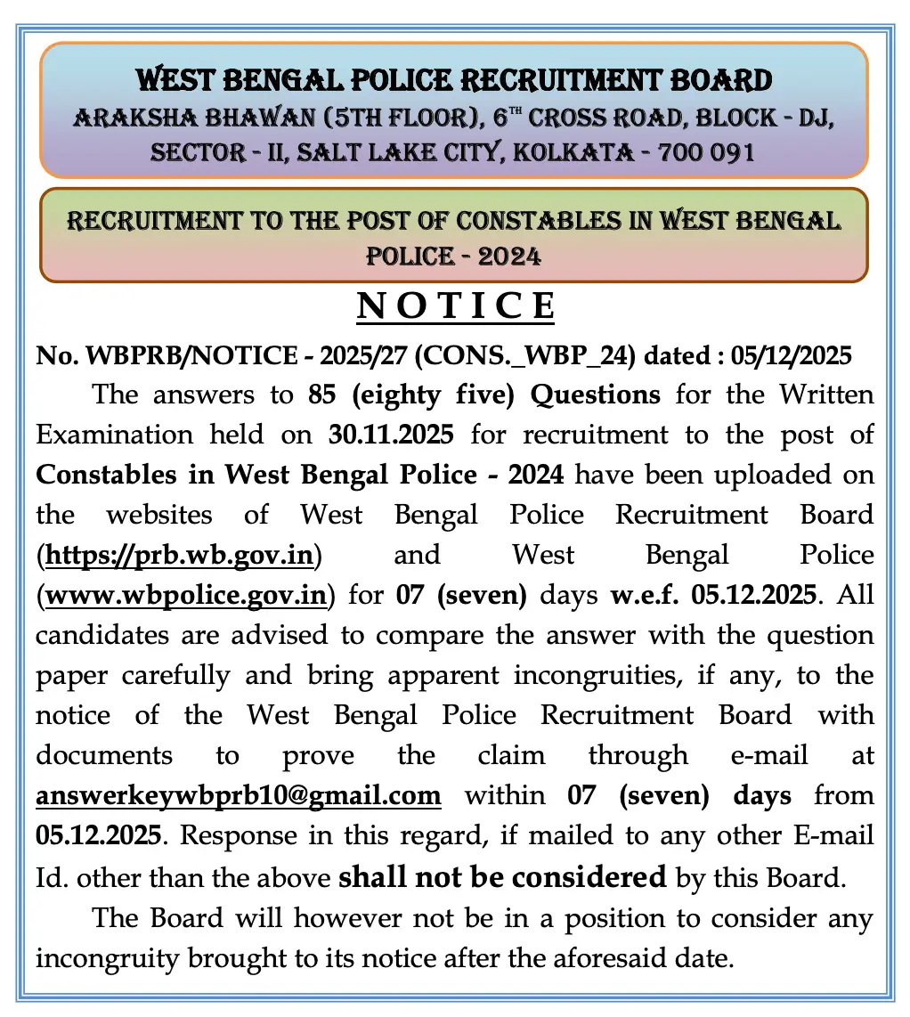 WBP Constable Answer Key 2025 Out at wbpolice.gov.in, Response Sheet PDF_3.1
