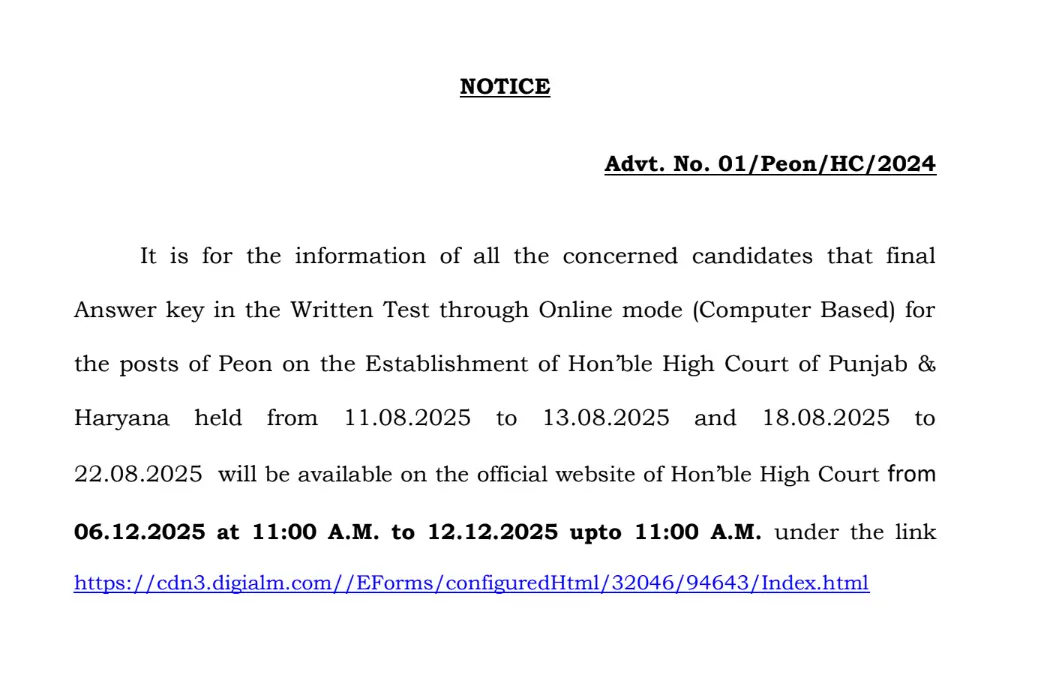 Punjab and Haryana High Court Peon Final Answer Key 2025 Out, Result Soon_3.1