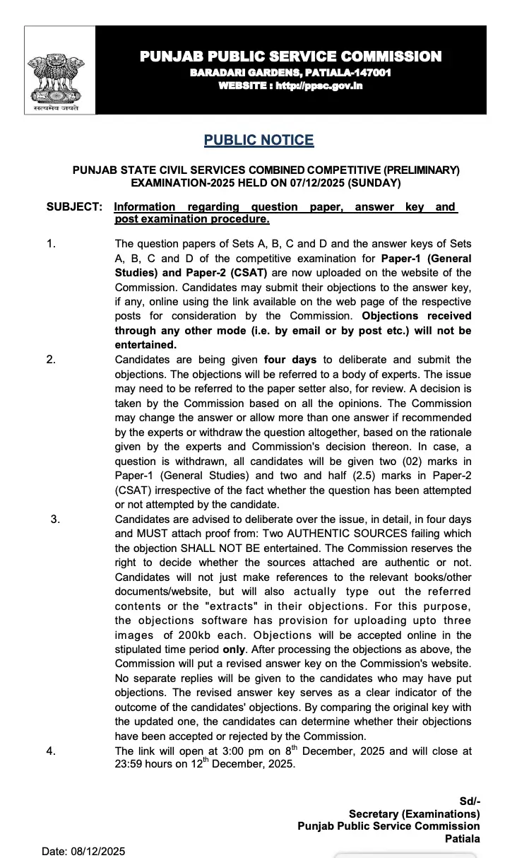 Punjab PCS Answer Key 2025 Out at ppsc.gov.in, Download Official Response Sheet PDF_3.1