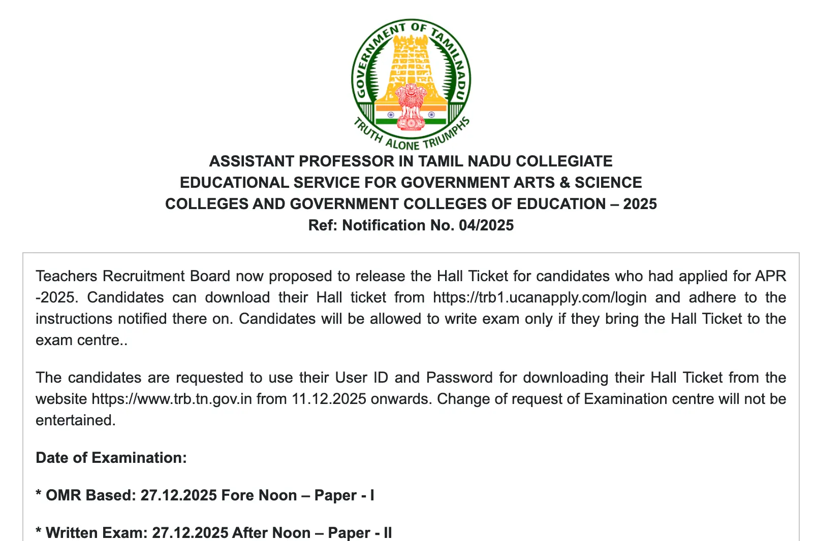 TN TRB Assistant Professor Hall Ticket 2025 Out, Admit Card Download Link_3.1