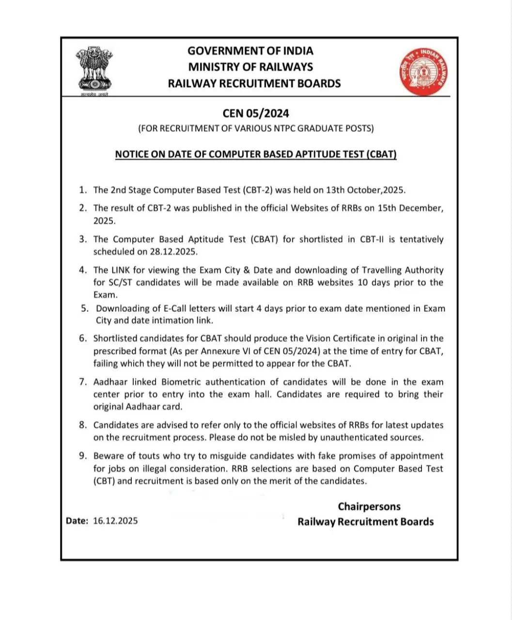 RRB NTPC CBAT & CBTST Exam Date 2025 Out, Check Official Notice_3.1