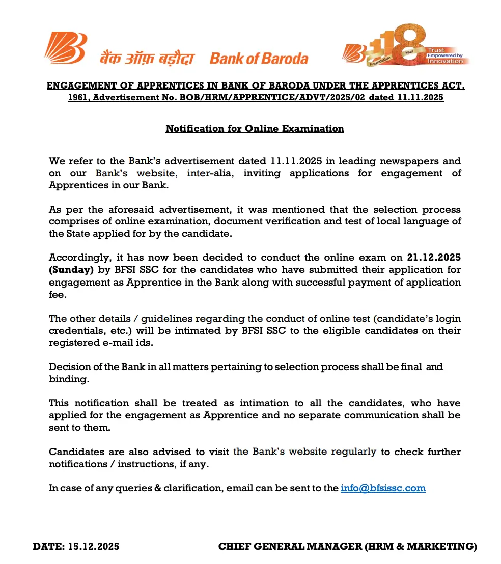 Bank of Baroda Apprentice Exam Date 2025 Out, Official Schedule for 2700 Vacancies_3.1