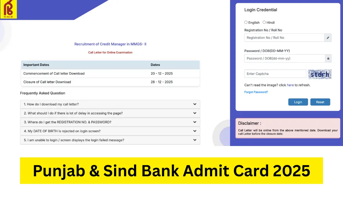 Punjab and Sind Bank Credit Manager Admit Card 2025