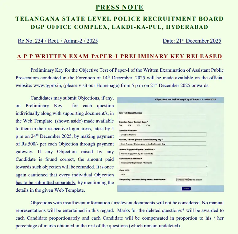TSLPRB Assistant Public Prosecutor Answer Key 2025 Out, Prelims Key PDF_3.1