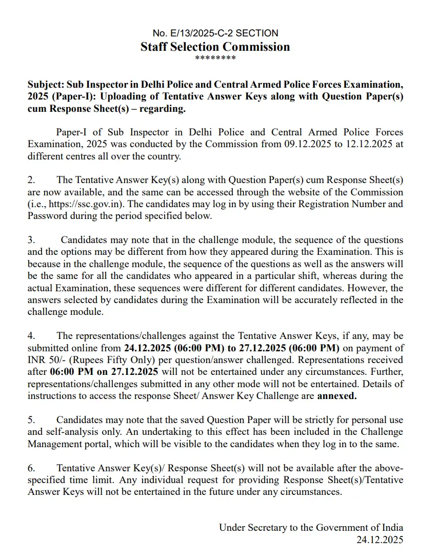 SSC CPO Paper 1 Answer Key 2025 Out @ssc.gov.in, Download Response Sheet PDF_3.1