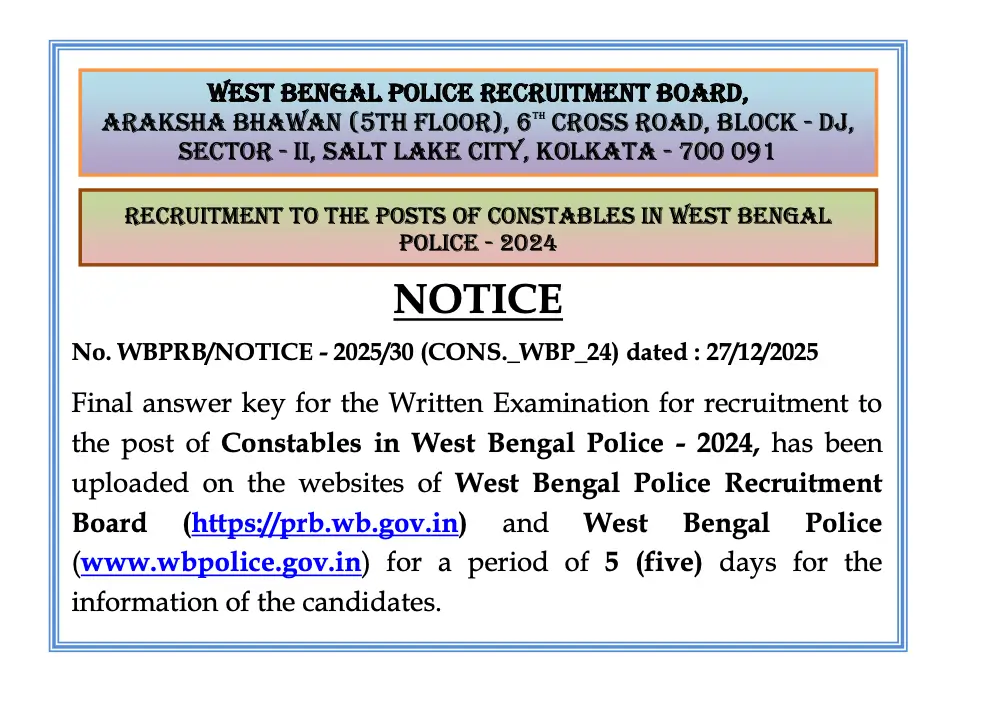 WBP Constable Final Answer Key 2025 Out at wbpolice.gov.in, Download PDF_3.1