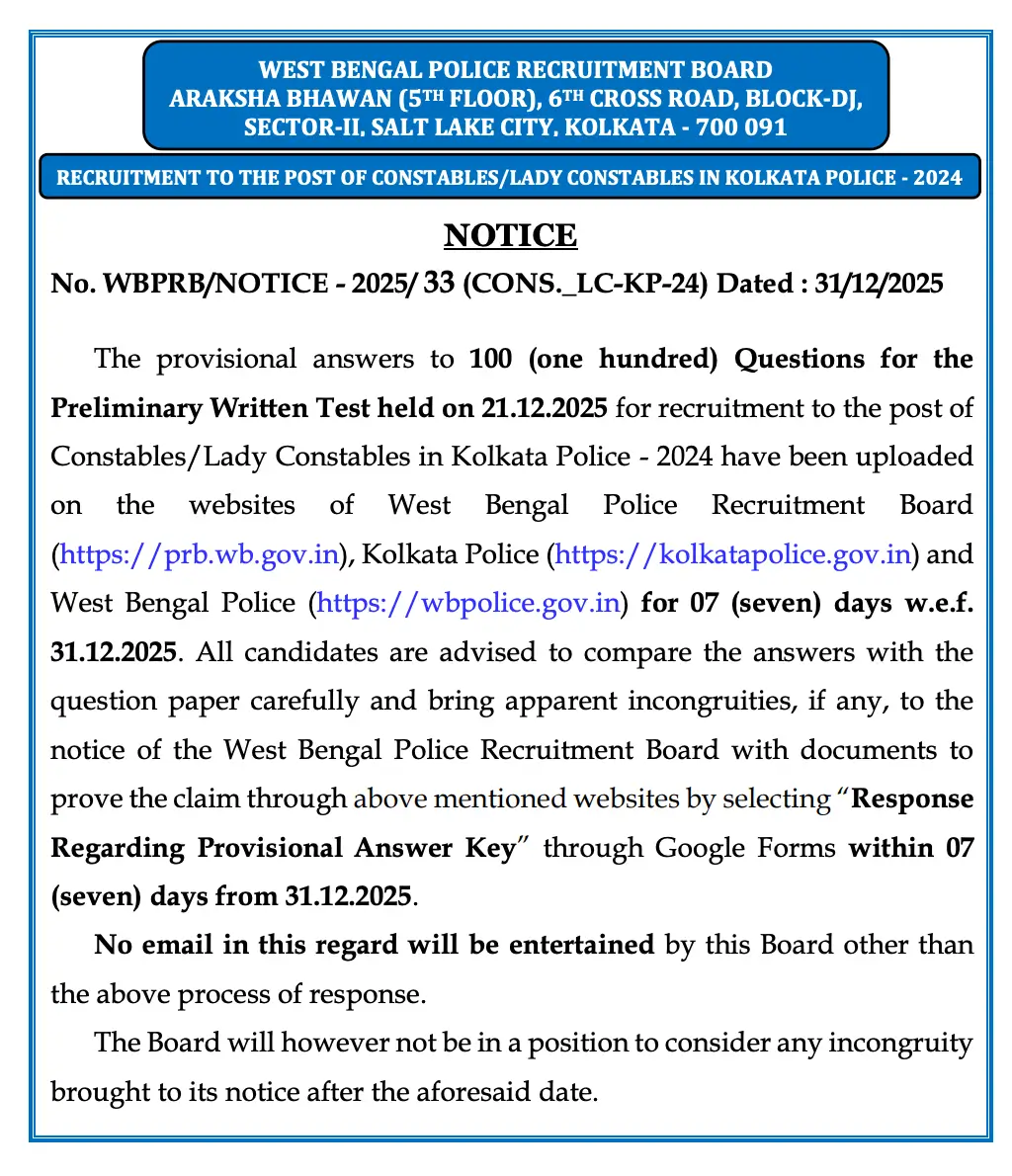 Kolkata Police Constable Answer Key 2025 Out, Download KP Answer Key PDF_3.1