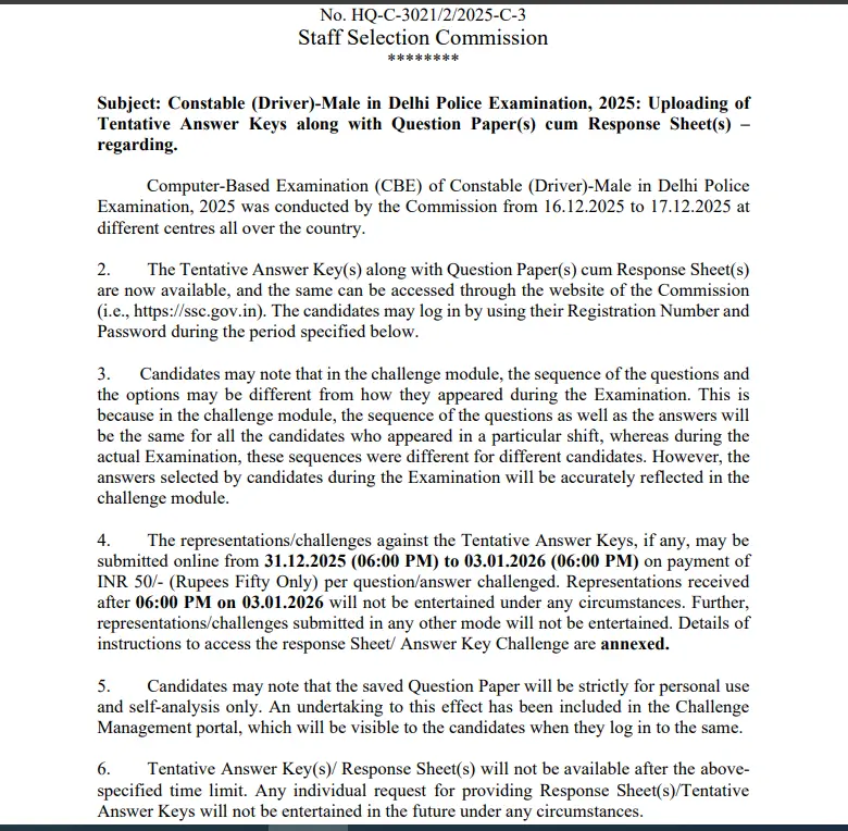 Delhi Police Driver Answer Key 2025 Out at ssc.gov.in, Response Sheet Link_3.1
