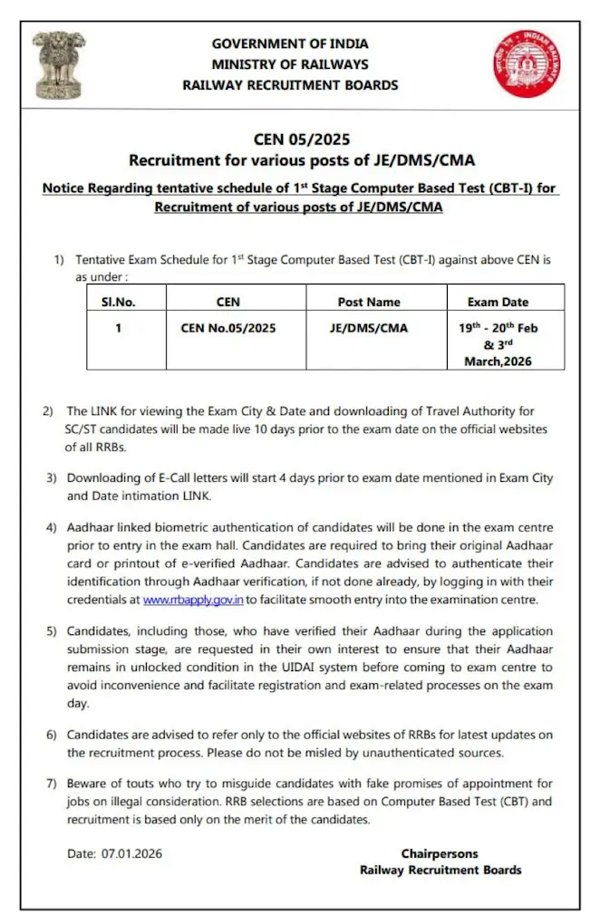 RRB Junior Engineer Exam Date 2026 Out, CBT 1 exam in 3 Days, Check Official Notice_3.1