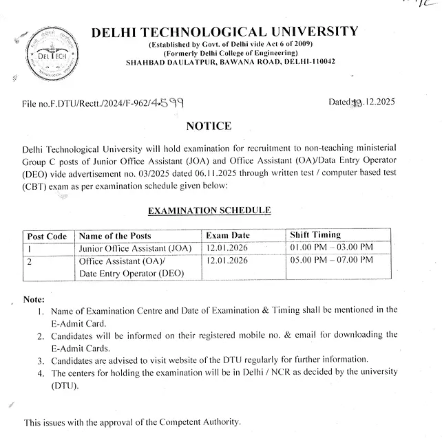 DTU Delhi Non Teaching Admit Card 2026 Out, Download Link Here_3.1