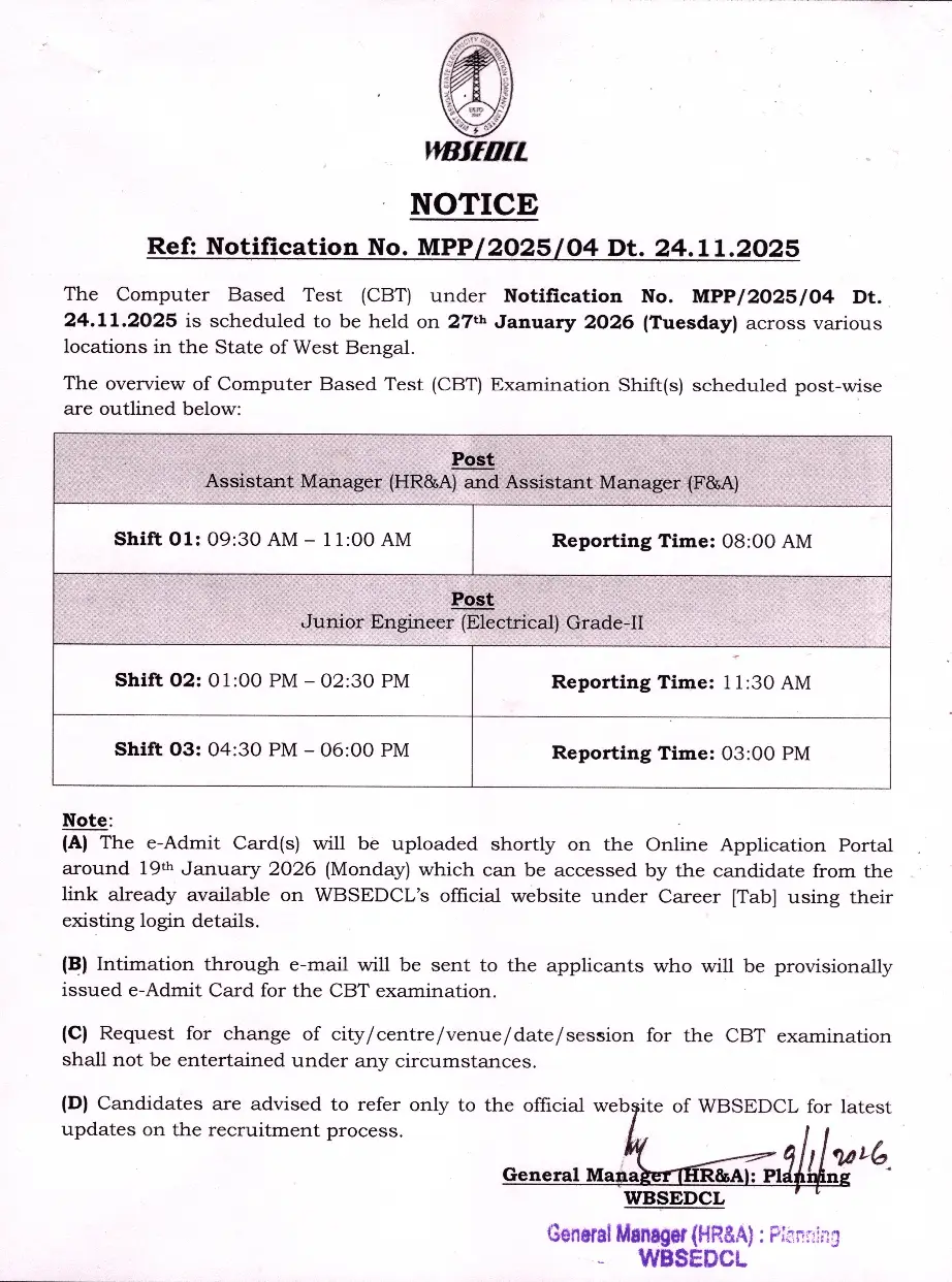 WBSEDCL Exam Date 2026 Out, Check Shift Timing & Official Schedule_3.1