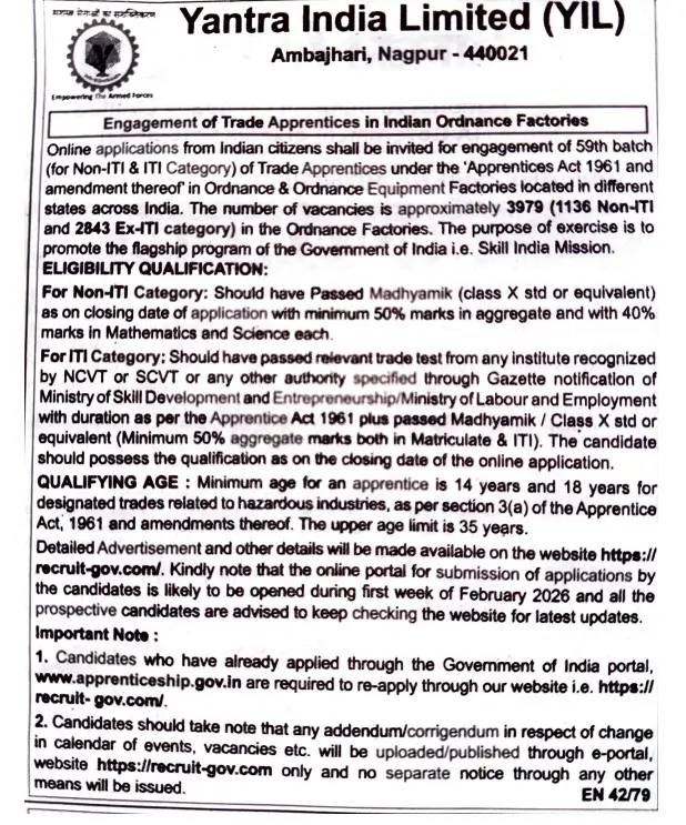 Yantra India Limited Apprentice Recruitment 2026 Notification For 3979 Posts_3.1