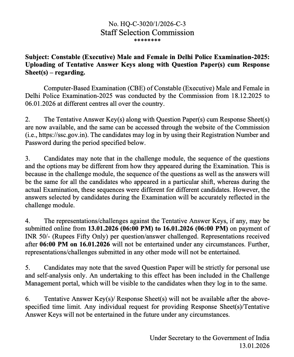 Delhi Police Answer Key 2026 Out for Constable Posts, Download Link @ssc.gov.in_3.1