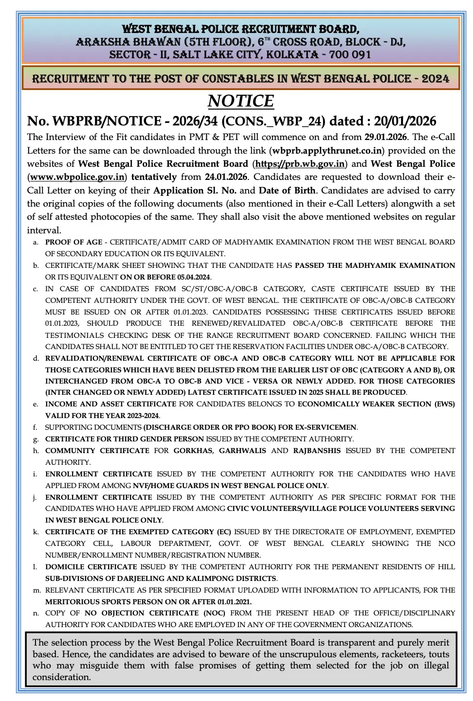 WBP Constable Interview Schedule 2026 Out, Call Letters from 24 Jan_3.1