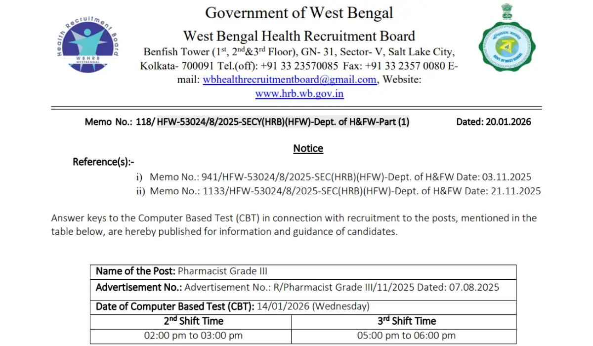 WBHRB Pharmacist Grade 3 Answer Key 2026