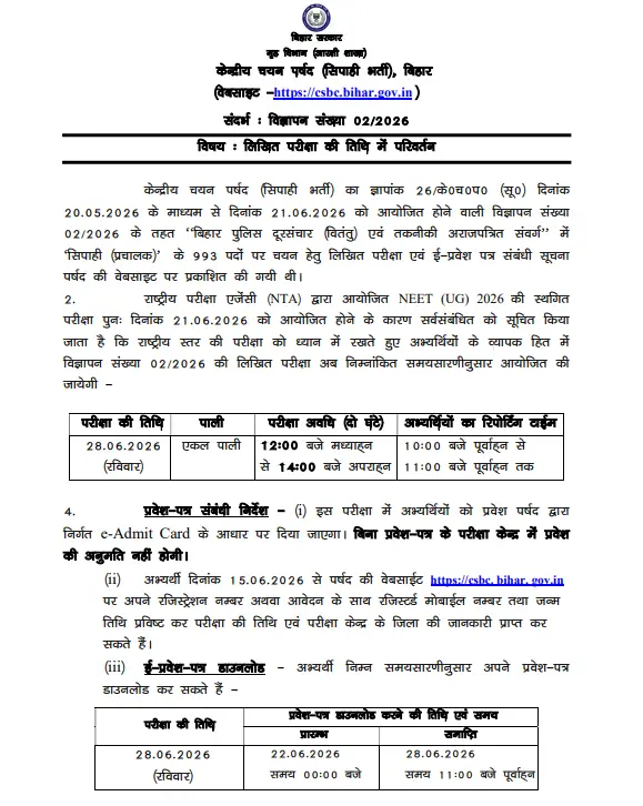 Bihar Police Constable Operator Exam Date 2026 Out for 993 Vacancies, Exam on 28 June_3.1