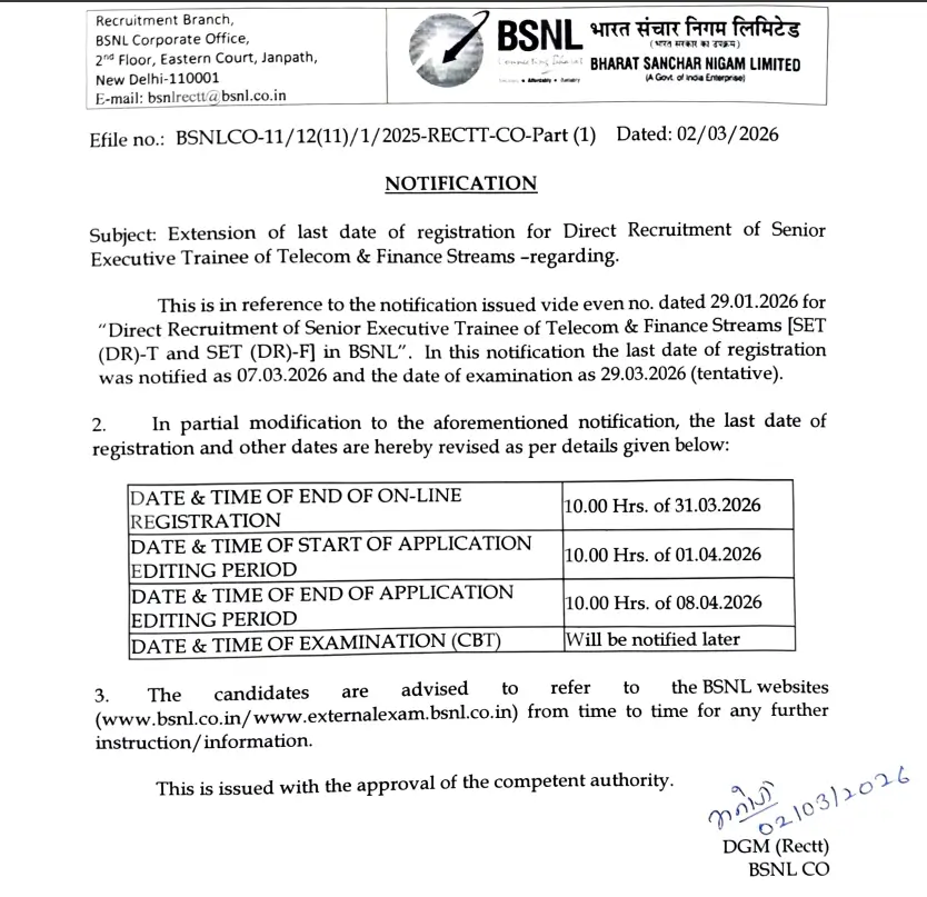 BSNL Recruitment 2026 for 120 Vacancies, Last Date Extended Till 31 March_3.1