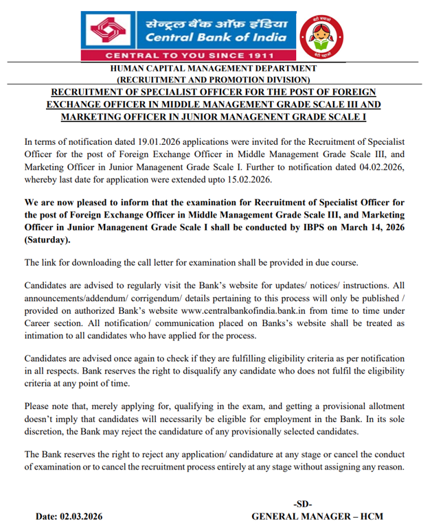 Central Bank of India Exam Date 2026 Out for Marketing Officer & Foreign Exchange Officers_3.1