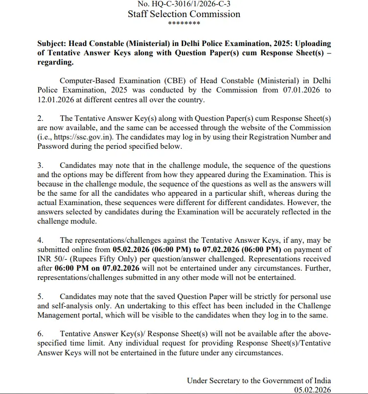 Delhi Police Head Constable Answer Key 2026 Out at ssc.gov.in, HCM Response Sheet PDF_3.1