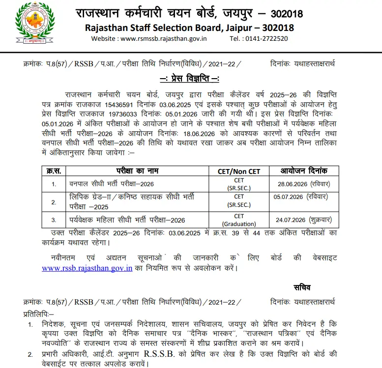 RSSB Mahila Supervisor Exam Date 2026 Out