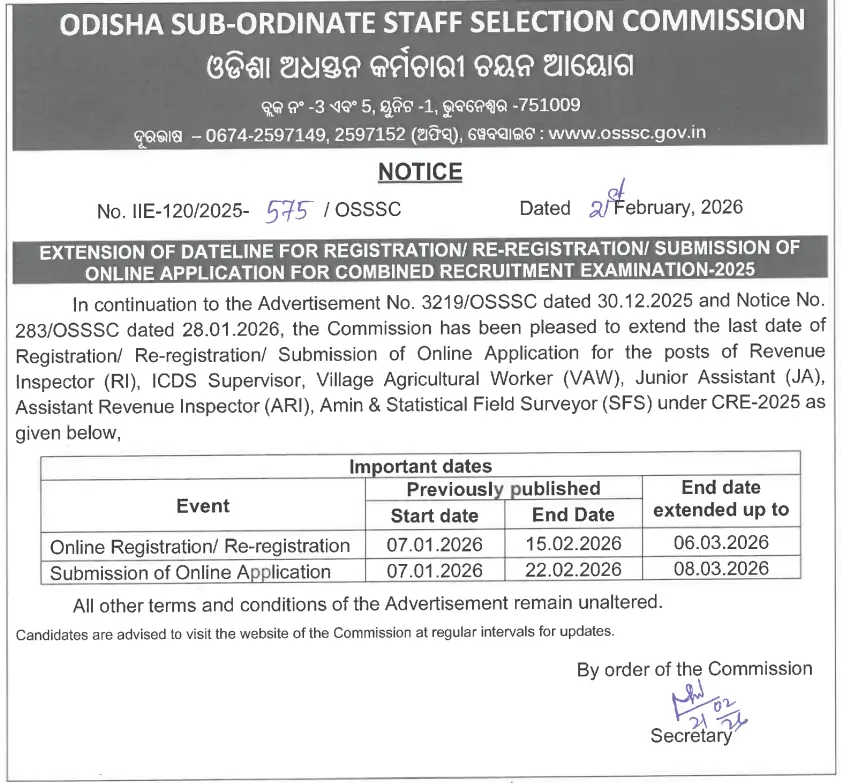OSSSC Recruitment 2026 (3250 RI ARI AMIN Posts), Last Date Extend till 8 March_3.1