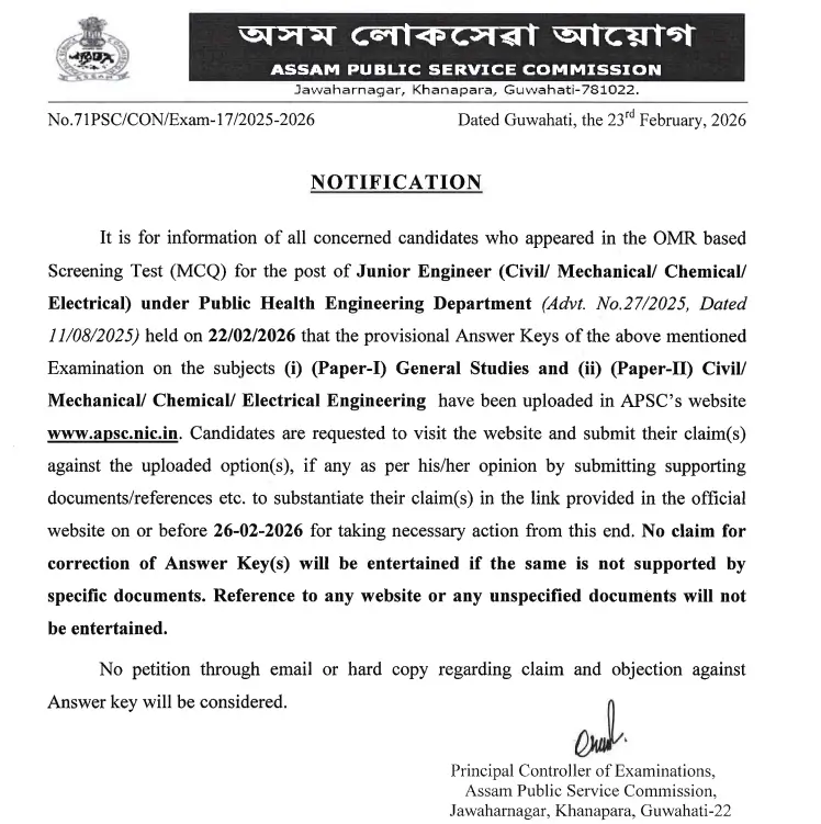 APSC JE Answer Key 2026 Out, Download Response Sheet PDF_3.1