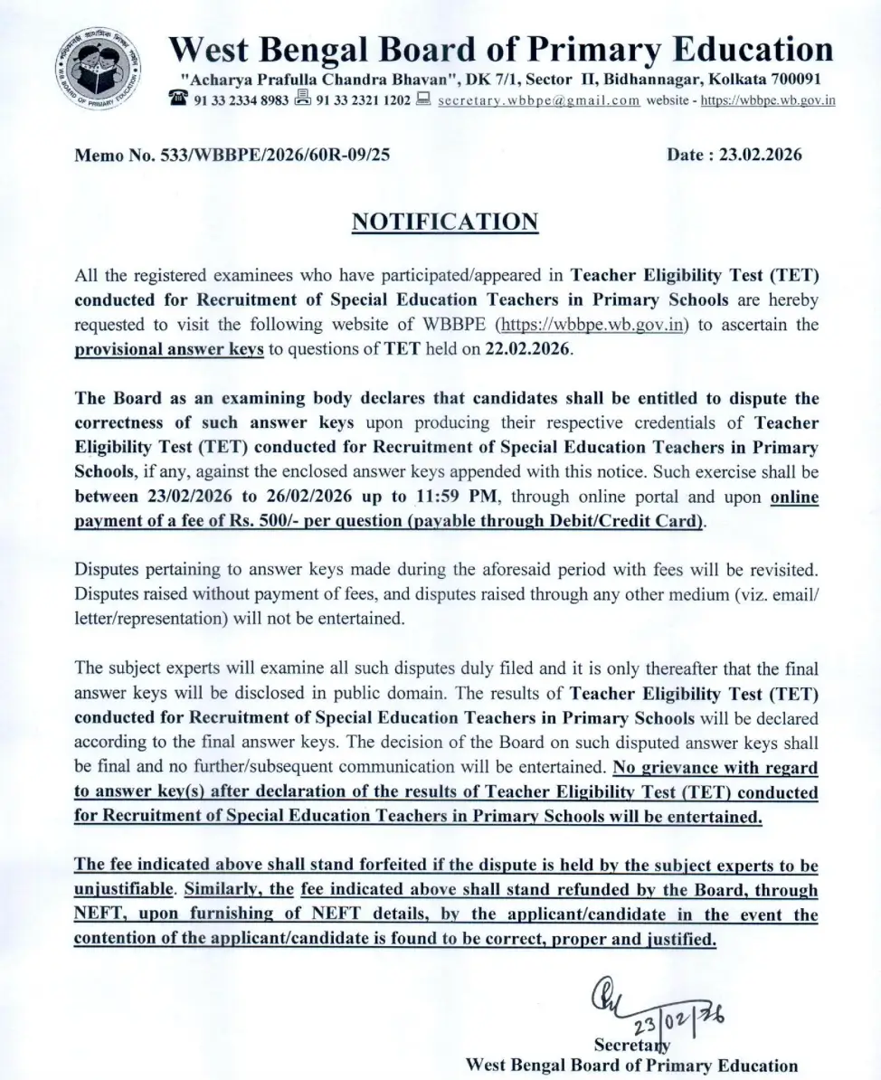 WB TET Special Teacher Answer Key 2026 Out- Download PDF, Check Objection Process_3.1