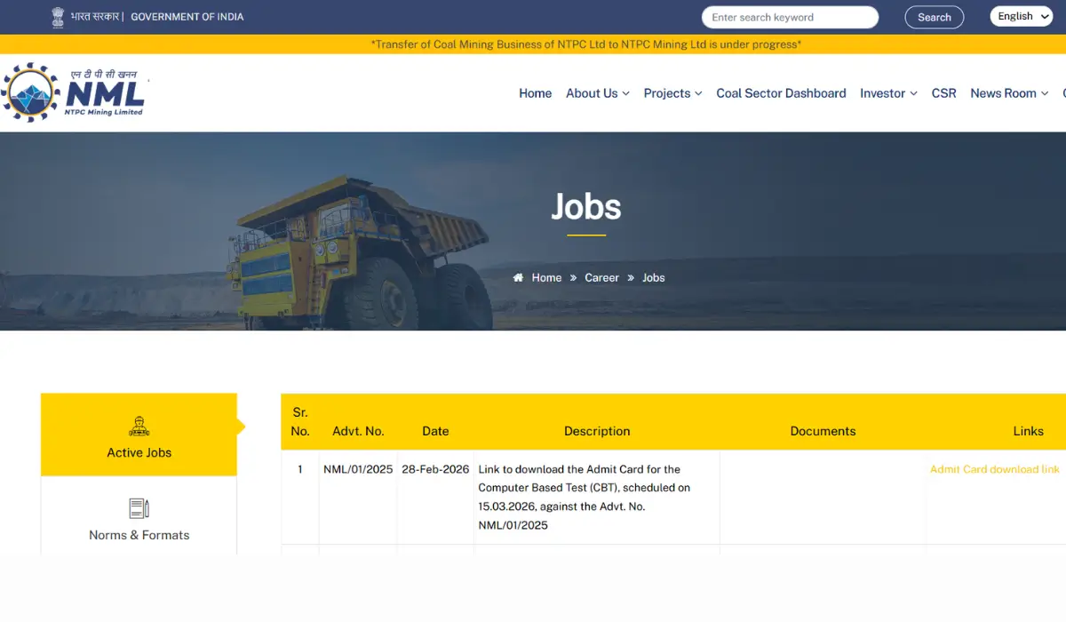 NML CBT Admit Card 2026