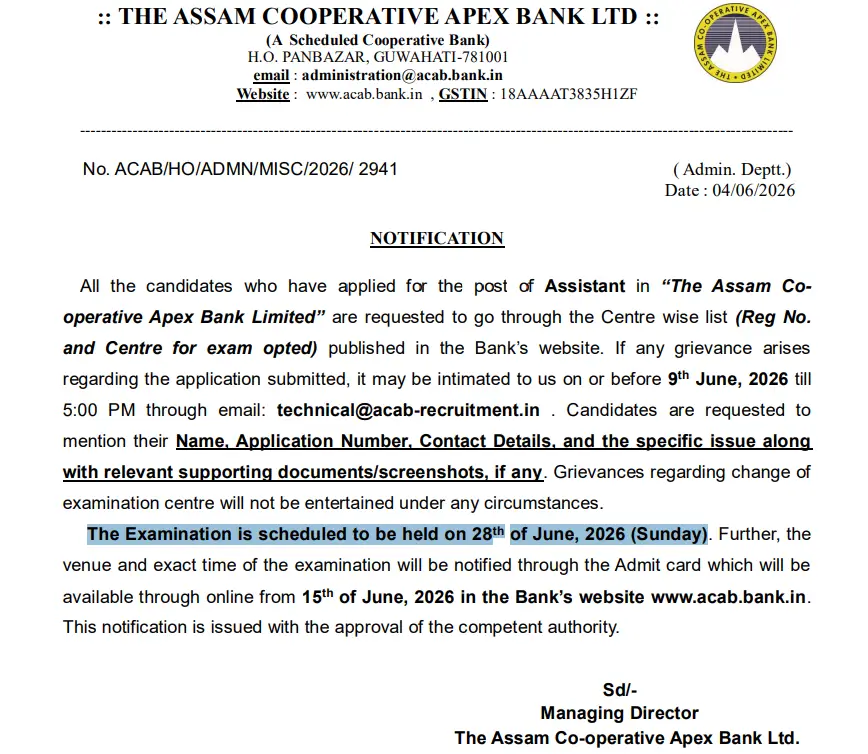 Assam Cooperative Apex Bank Assistant Exam Date 2026 Out, CBT Exam on 28 June_3.1