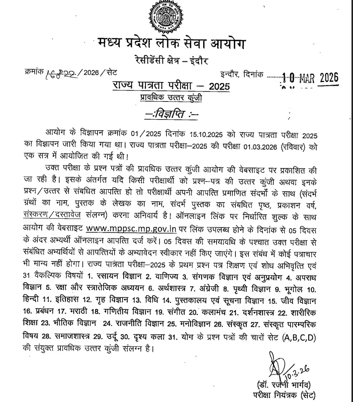 MP SET Answer Key 2026 Out, Download State Eligibility Test Response Sheet PDF_3.1