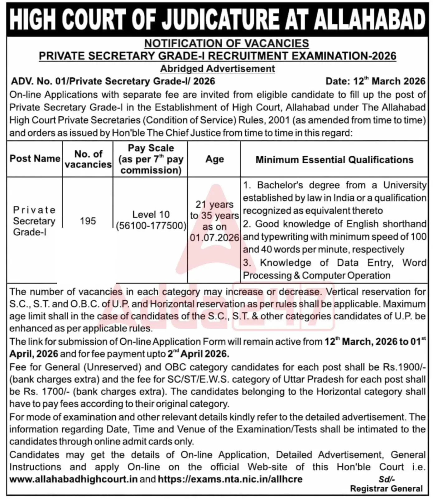 Allahabad High Court Private Secretary Recruitment 2026 Notification Out for 195 Posts_3.1