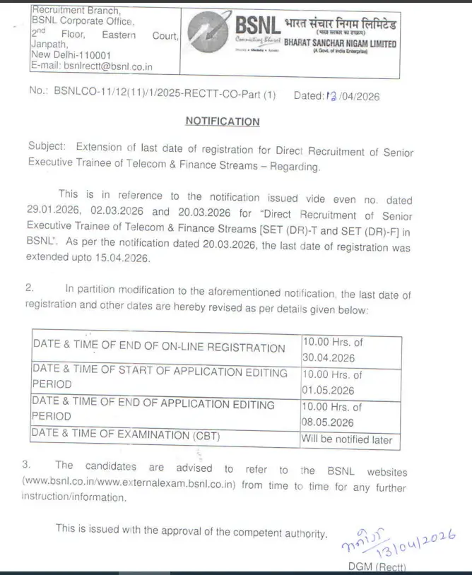 BSNL Recruitment 2026 (120 Vacancies), Apply Online Extended till 30 April_3.1