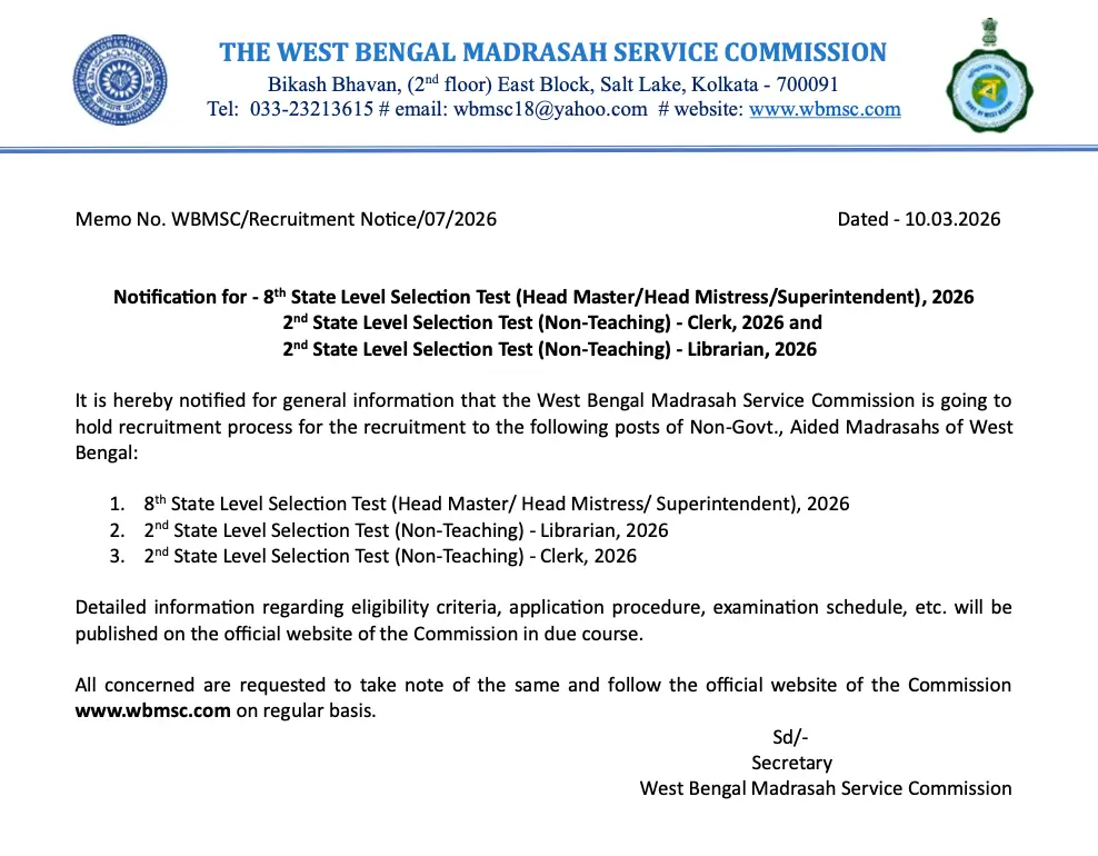 WBMSC Recruitment 2026 for Head Master, Clerk & Librarian Posts, Notification Soon_3.1