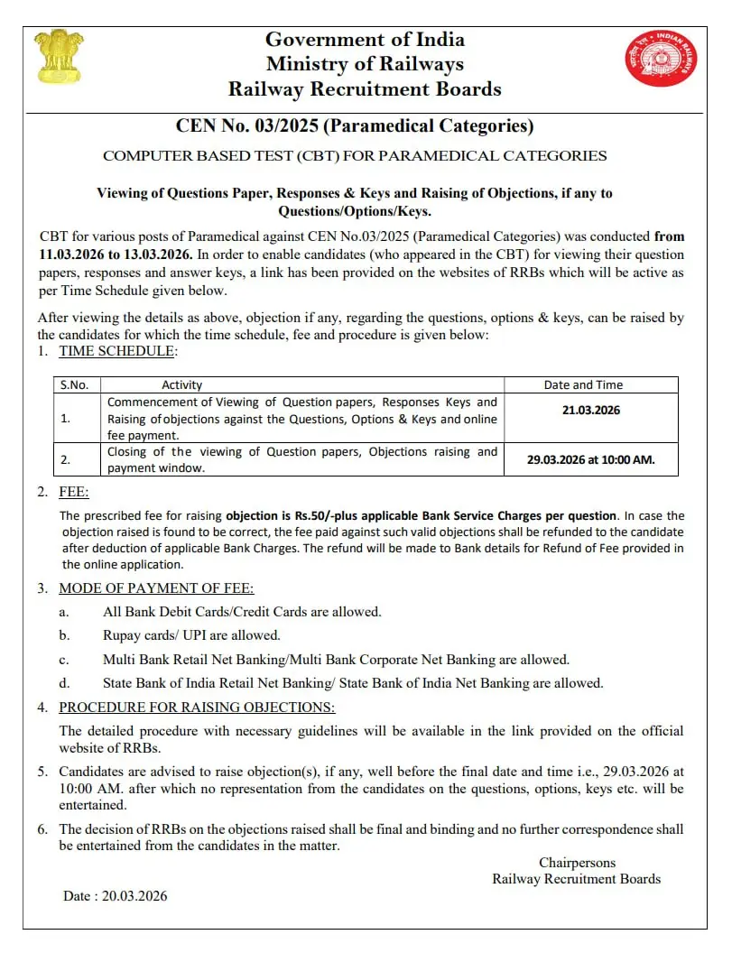 RRB Nursing Superintendent Answer Key 2026 Out, Download CBT Response Sheet PDF_3.1